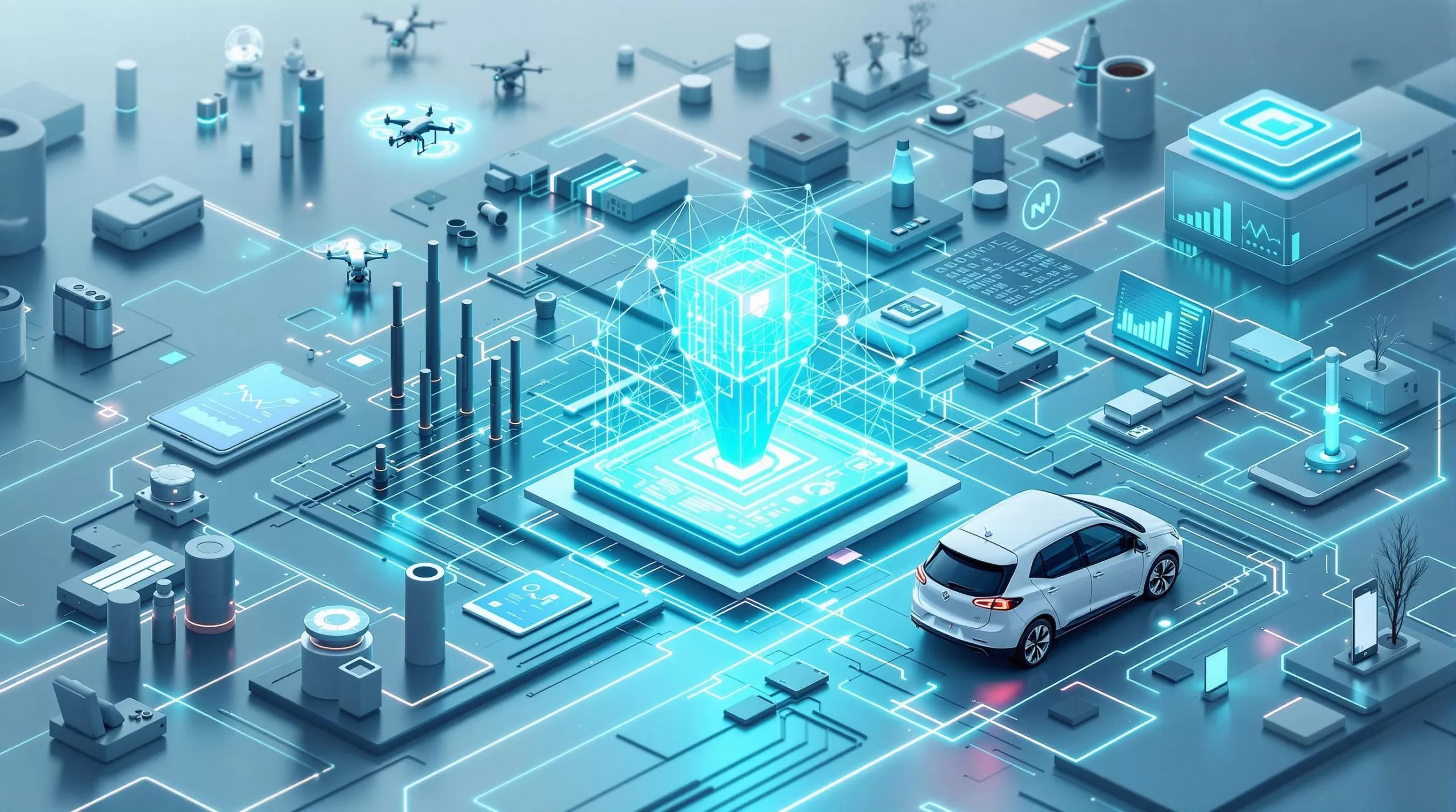 An abstract, professional design in a minimalistic and futuristic style. Features clean lines, muted colours (teal, grey, white), and a 3D isometric perspective. white background. A sleek, futuristic business environment where interconnected devices, such as smart sensors, drones, and IoT-enabled machinery, are seamlessly integrated into a digital ecosystem. In the foreground, a holographic blockchain network glows with interconnected nodes, symbolizing trust and transparency. In the background, AI-powered analytics dashboards display real-time data insights, while a digital wallet interface processes secure transactions. The scene is illuminated by a soft, professional blue light, emphasizing innovation and efficiency. A smart electric vehicle charges autonomously, with embedded finance enabling peer-to-peer energy transactions, showcasing the convergence of blockchain, IoT, and AI in a modern business landscape.