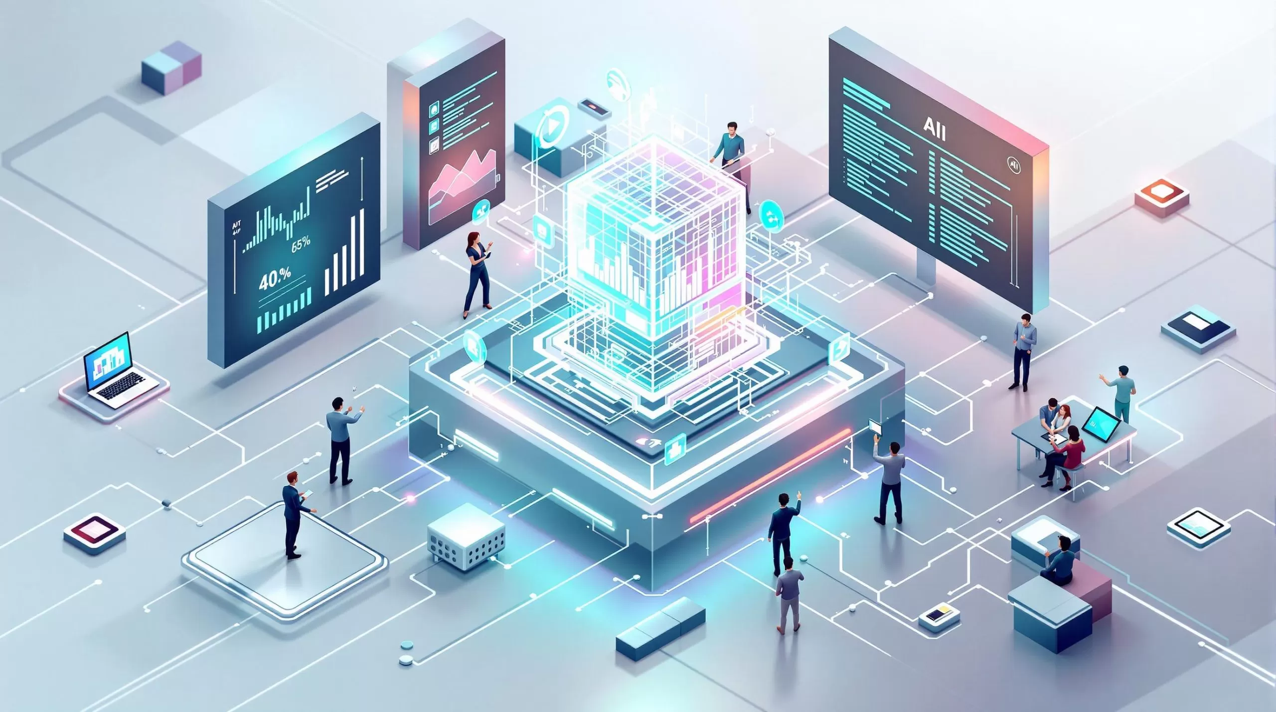 An abstract, professional design in a minimalistic and futuristic style. Features clean lines, muted colours (teal, grey, white), and a 3D isometric perspective. white background. A sleek, futuristic business environment where interconnected devices, represented by glowing IoT sensors, are seamlessly integrated with a blockchain network visualized as a transparent, interconnected chain of blocks. In the center, an AI-powered holographic interface displays real-time data analytics, symbolizing intelligence and decision-making. The scene is set in a modern office with professionals collaborating, emphasizing trust, efficiency, and innovation. The atmosphere is professional, with a focus on cutting-edge technology driving business transformation.