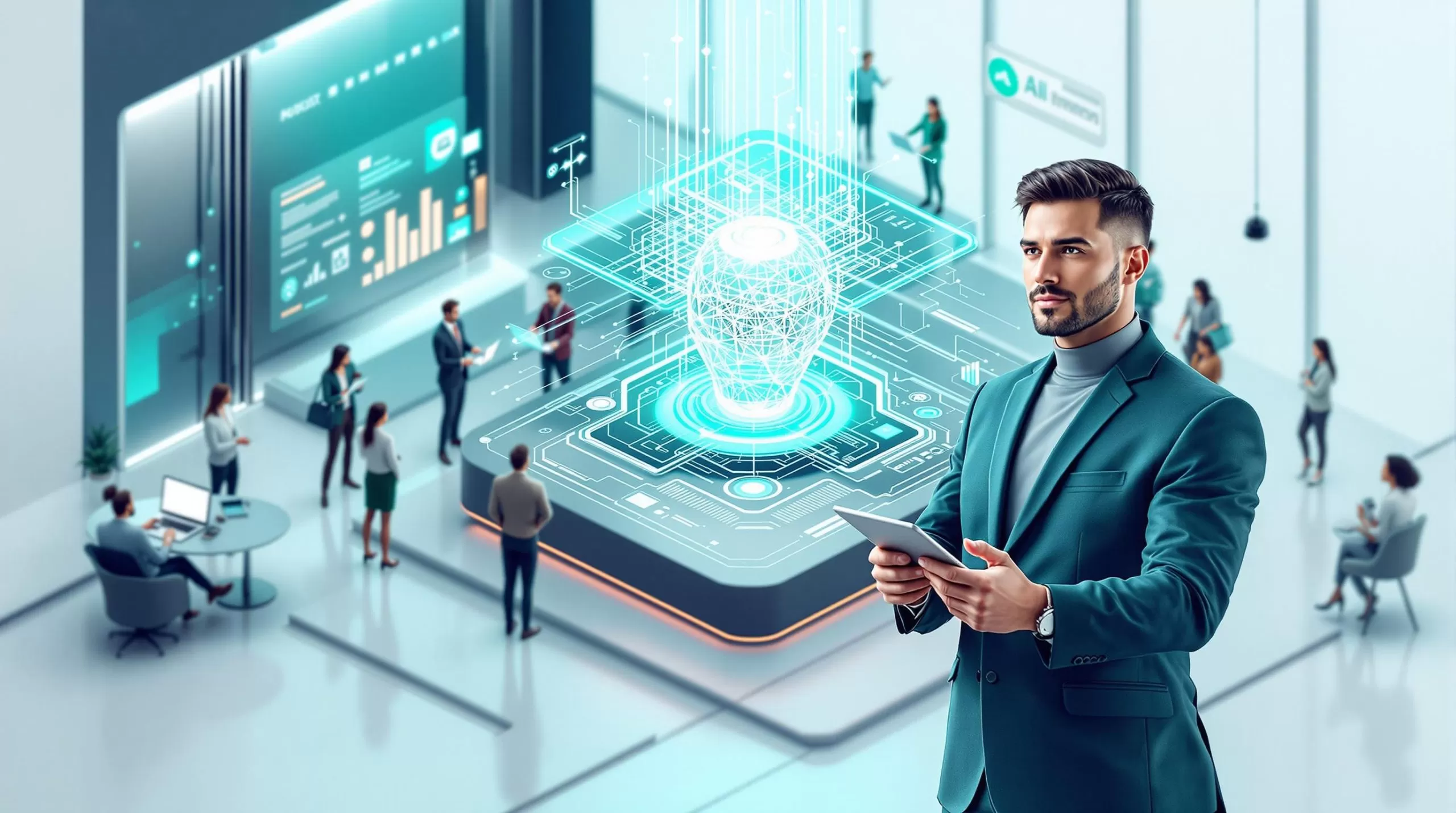 An abstract, professional design in a minimalistic and futuristic style. Features clean lines, muted colours (teal, grey, white), and a 3D isometric perspective. white background. A sleek, modern office space with a glowing holographic AI interface at its center, surrounded by a diverse team of professionals collaborating on futuristic projects. The hologram displays intricate neural networks and data streams, symbolizing superintelligence. In the foreground, a confident entrepreneur stands, holding a tablet, with a determined expression, embodying the spirit of innovation and rapid scaling. The atmosphere is dynamic, with a mix of cutting-edge technology and human creativity, highlighting the balance between ambition and responsibility.