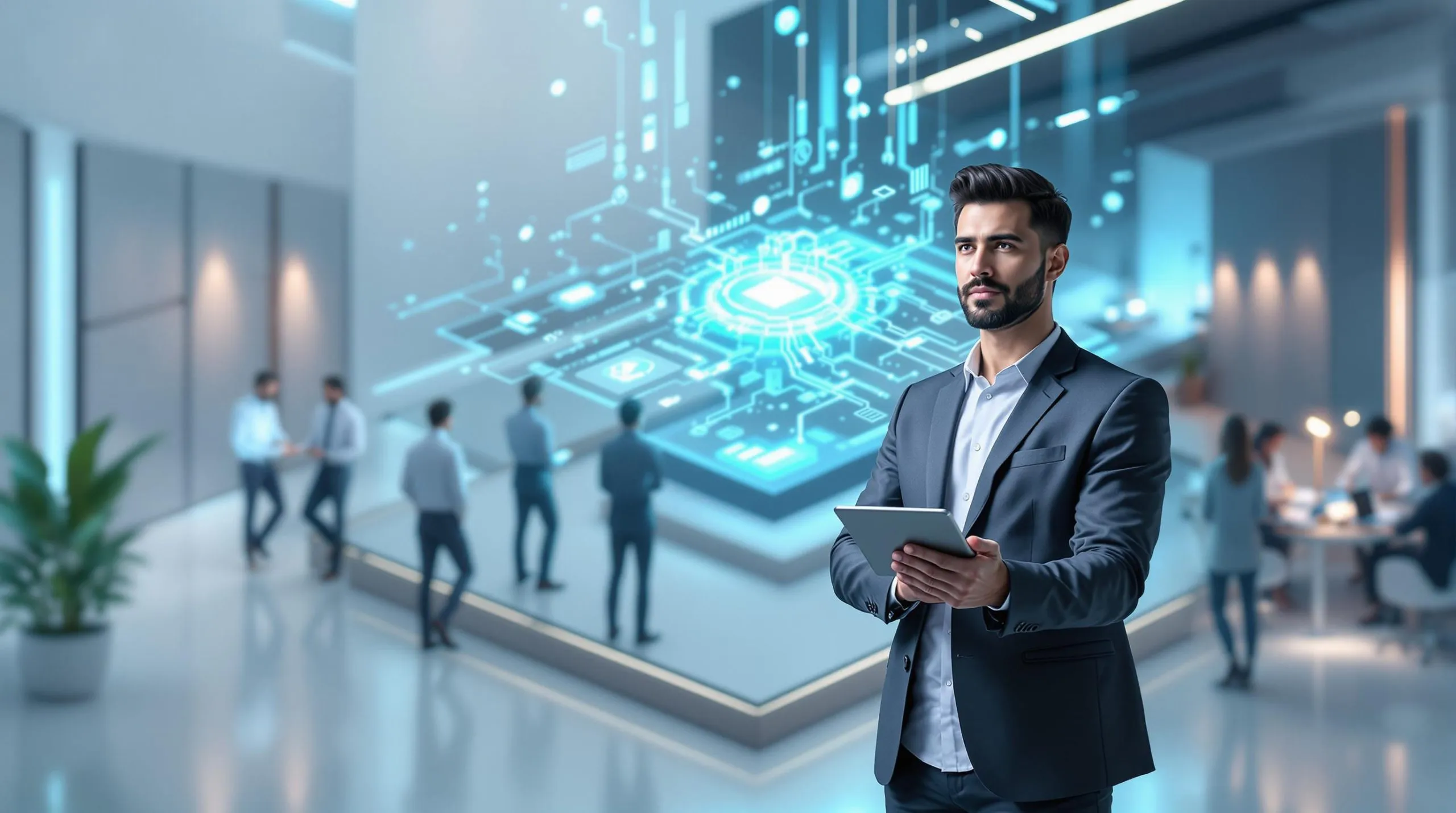 An abstract, professional design in a minimalistic and futuristic style. Features clean lines, muted colours (teal, grey, white), and a 3D isometric perspective. white background. A sleek, modern office space with a glowing holographic AI interface at its center, surrounded by a diverse team of professionals collaborating on futuristic projects. The hologram displays intricate neural networks and data streams, symbolizing superintelligence. In the foreground, a confident entrepreneur stands, holding a tablet, with a determined expression, embodying the spirit of innovation and rapid scaling. The atmosphere is dynamic, with a mix of cutting-edge technology and human creativity, highlighting the balance between ambition and responsibility.