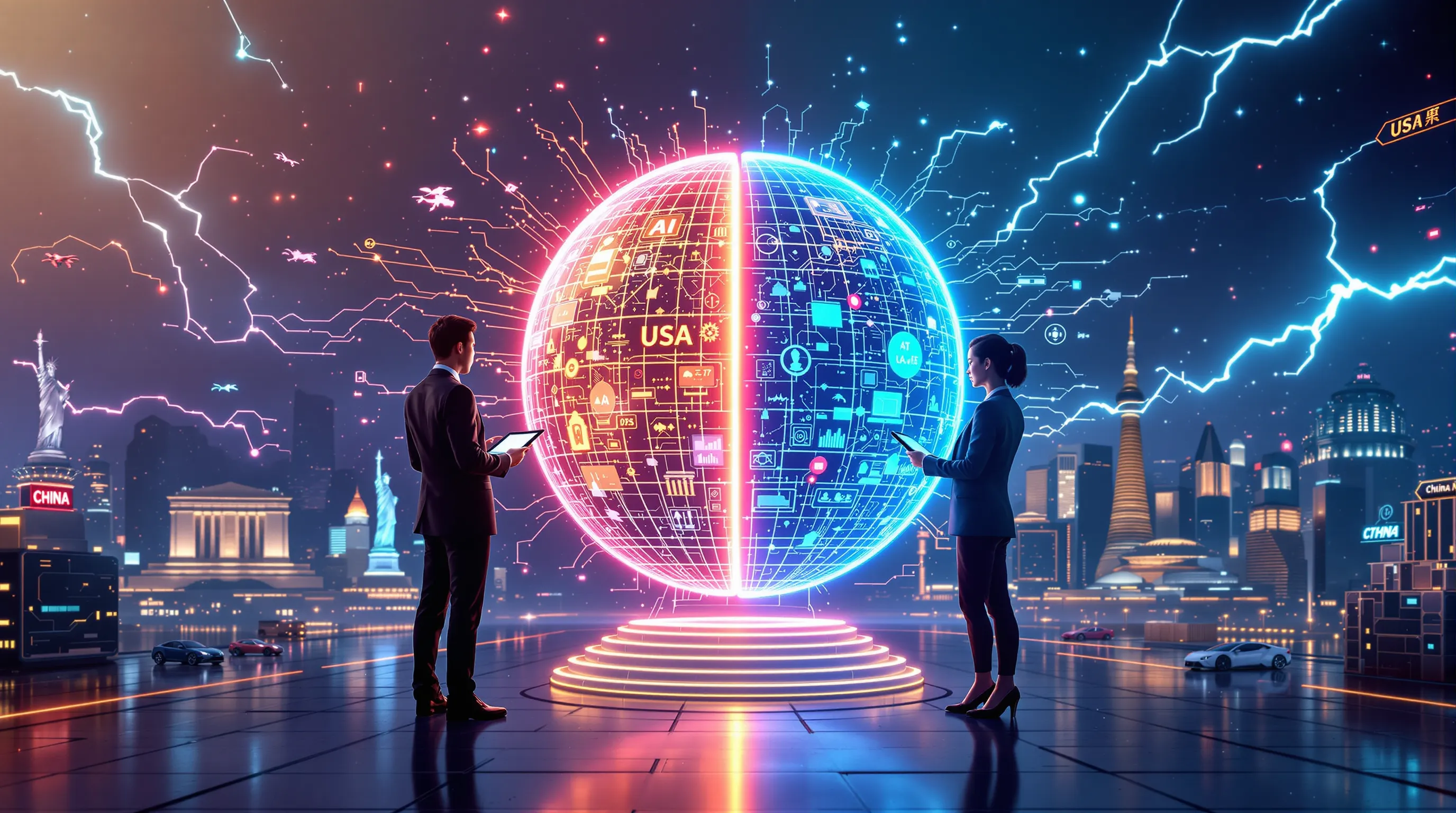 **Image Prompt for AI Generator:** Create a vivid, professional, and business-oriented image that captures the essence of the US-China AGI rivalry and its implications for entrepreneurs. The scene should depict a futuristic, high-tech environment with the following elements: 1. **Central Focus:** A glowing, holographic globe split into two halves, symbolizing the US and China. One side is illuminated in red and gold (China), while the other is in blue and white (US). The globe is surrounded by intricate, glowing neural networks representing AGI development. 2. **Foreground:** Two figures, one representing a US entrepreneur and the other a Chinese entrepreneur, standing on opposite sides of the globe. Both are dressed in sleek, modern business attire, holding tablets or holographic displays showing AI algorithms and data visualizations. 3. **Background:** A futuristic cityscape blending iconic landmarks from both countries (e.g., the Statue of Liberty and the Great Wall of China) with advanced AI-driven infrastructure, such as autonomous vehicles, drones, and humanoid robots. 4. **Symbolism:** Lightning bolts or energy streams connecting the two halves of the globe, symbolizing the competitive tension and technological exchange between the US and China. 5. **Atmosphere:** A dynamic, high-energy vibe with a mix of glowing neon lights, digital interfaces, and futuristic elements. The overall tone should convey innovation, competition, and the high stakes of AGI development. 6. **Text Overlay:** Subtle text in the corner reading "US-China AGI Rivalry: Shaping the Future of Technology," in a modern, professional font. This image should evoke a sense of urgency, opportunity, and the transformative potential of AGI, while appealing to entrepreneurs and business professionals navigating this competitive landscape.