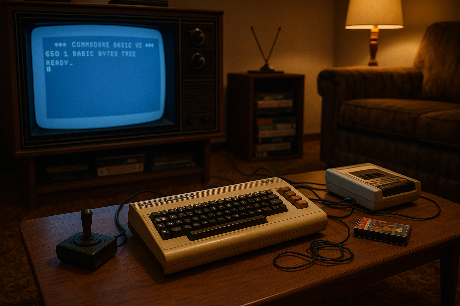 A Commodore VIC-20 computer with its distinctive beige case and chiclet keyboard