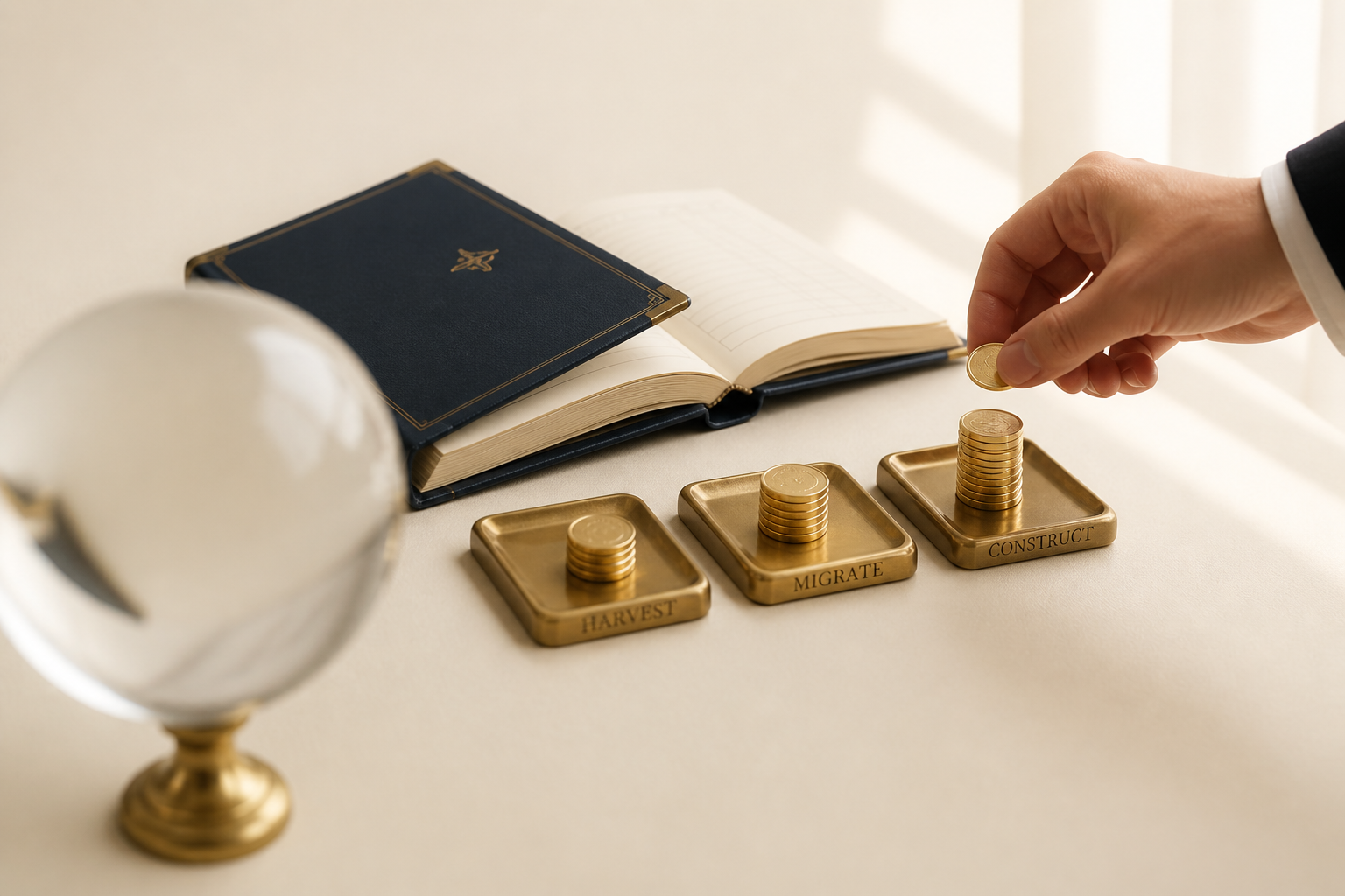 The crystal ball set aside; gold tokens allocated across Harvest, Migrate and Construct trays
