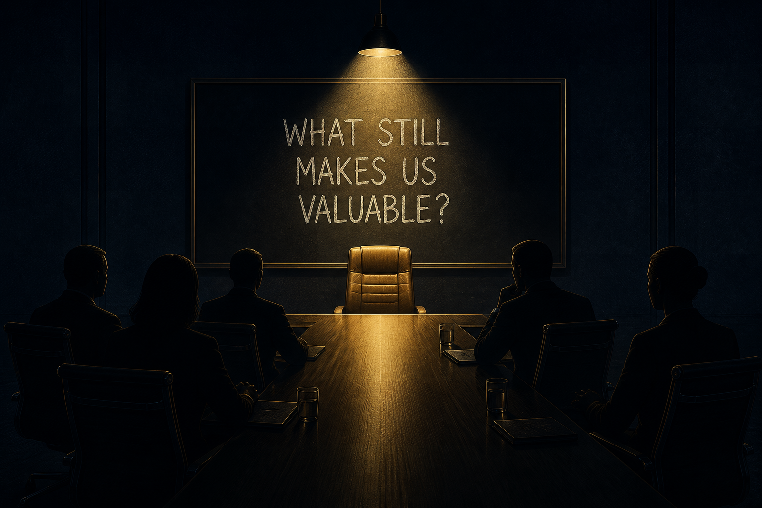 A dark boardroom, the question on the whiteboard, one spotlit empty chair