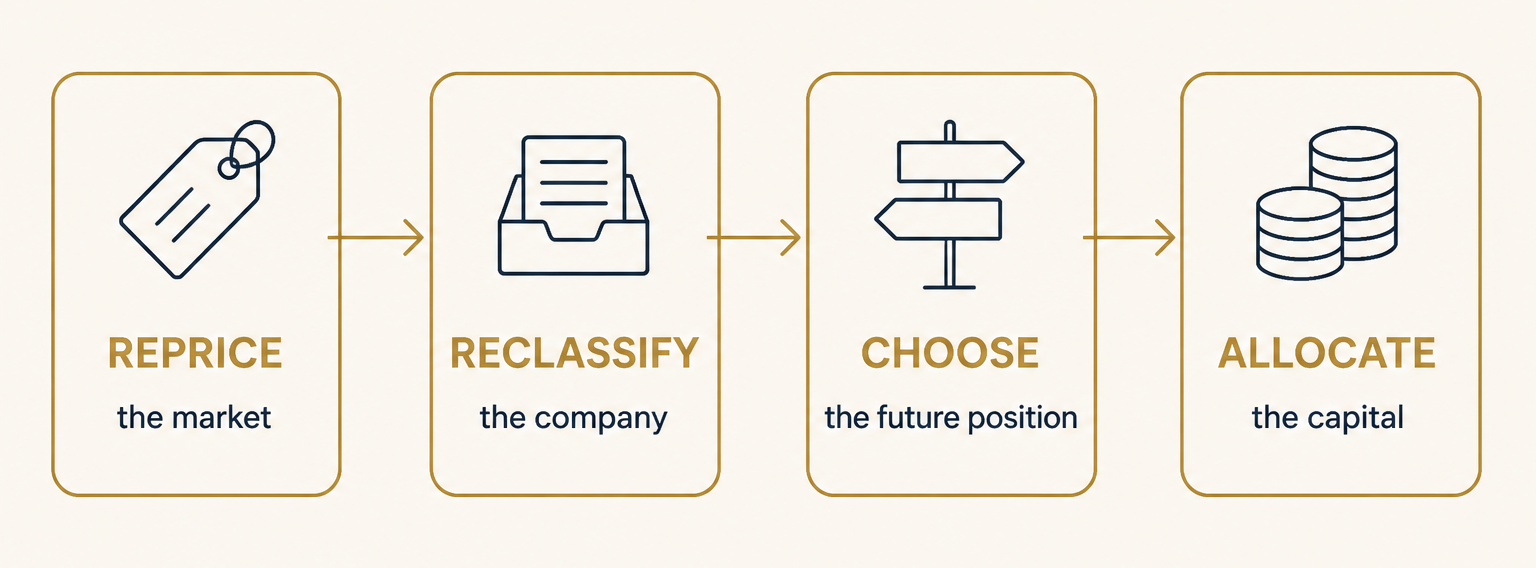 Reprice the market → Reclassify the company → Choose the future position → Allocate the capital