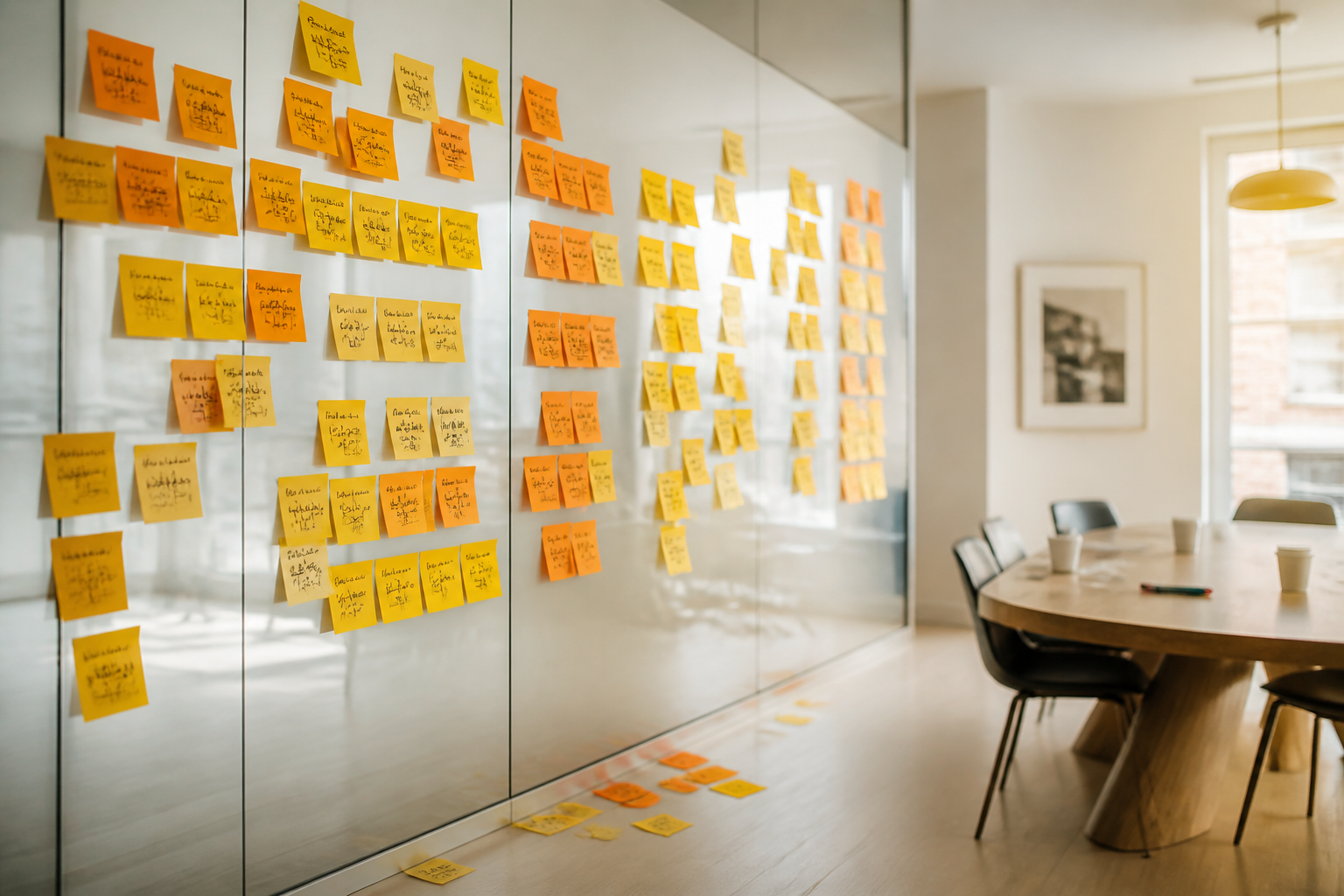 The morning after the AI ideas workshop: a wall of sticky notes, an empty room