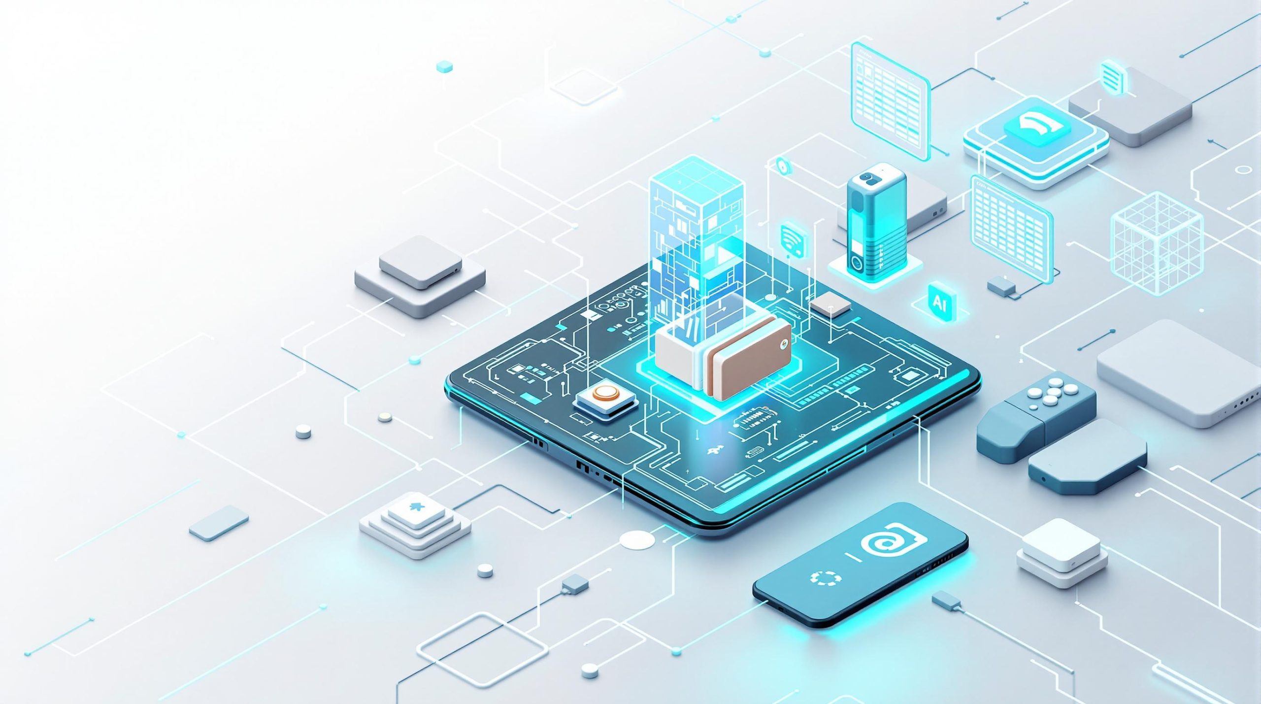 An abstract, professional design in a minimalistic and futuristic style. Features clean lines, muted colours (teal, grey, white), and a 3D isometric perspective. white background. A sleek, futuristic business environment where interconnected devices, represented by glowing IoT sensors, are seamlessly integrated with a blockchain network visualized as a transparent, interconnected chain of blocks. In the center, an AI-powered holographic interface displays real-time data analytics, symbolizing intelligence and decision-making. The scene is set in a modern office with professionals collaborating, emphasizing trust, efficiency, and innovation. The atmosphere is professional, with a focus on cutting-edge technology driving business transformation.