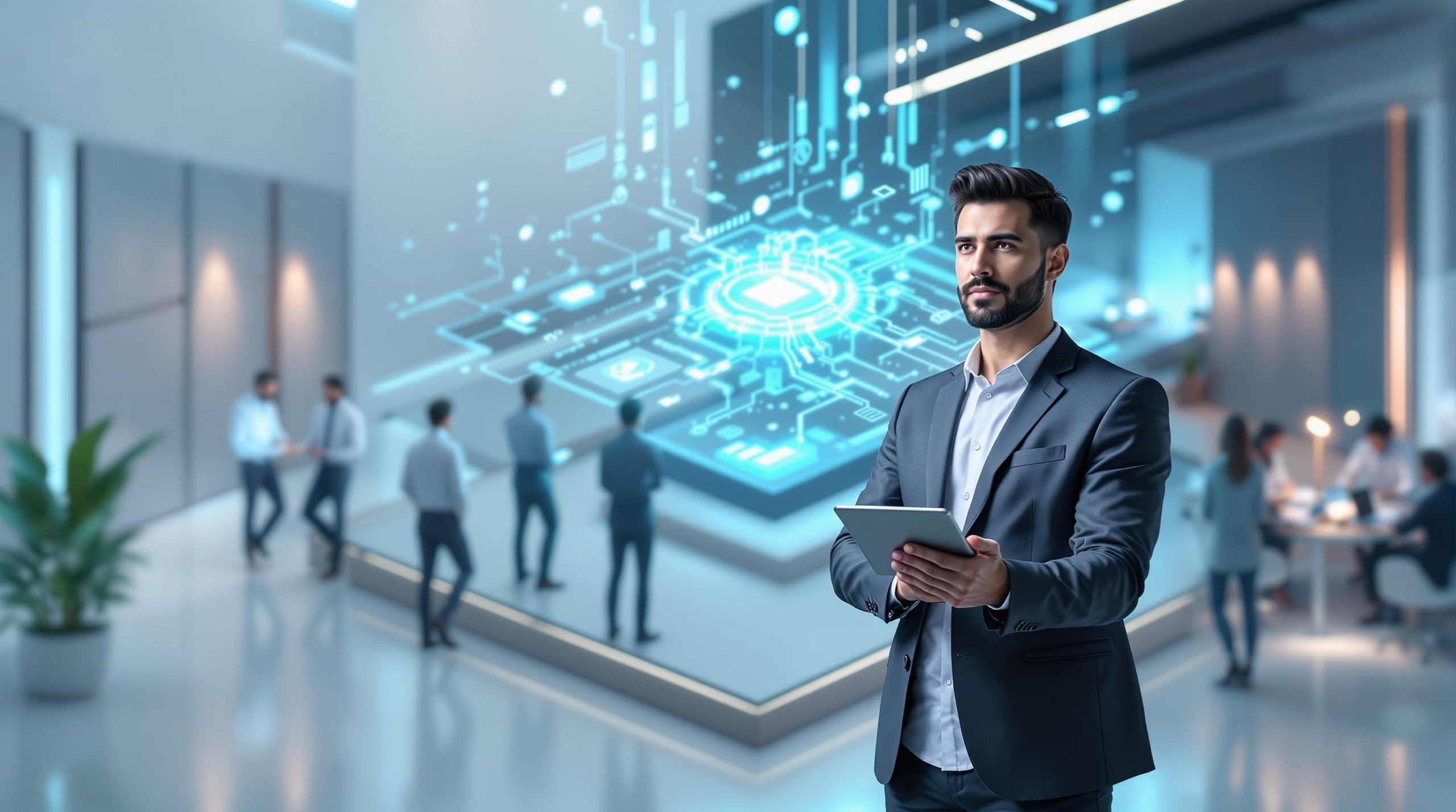 An abstract, professional design in a minimalistic and futuristic style. Features clean lines, muted colours (teal, grey, white), and a 3D isometric perspective. white background. A sleek, modern office space with a glowing holographic AI interface at its center, surrounded by a diverse team of professionals collaborating on futuristic projects. The hologram displays intricate neural networks and data streams, symbolizing superintelligence. In the foreground, a confident entrepreneur stands, holding a tablet, with a determined expression, embodying the spirit of innovation and rapid scaling. The atmosphere is dynamic, with a mix of cutting-edge technology and human creativity, highlighting the balance between ambition and responsibility.