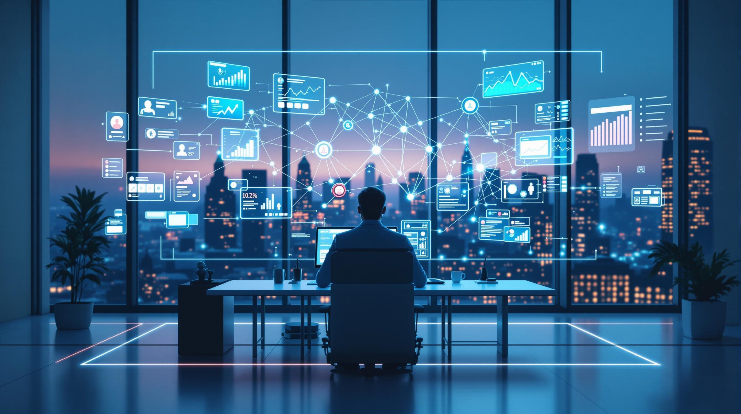 An abstract, professional design in a minimalistic and futuristic style. Features clean lines, muted colours (teal, grey, white), and a 3D isometric perspective. white background. A sleek, modern office space with a professional entrepreneur sitting at a desk, surrounded by glowing holographic screens displaying social media feeds, AI-generated graphs, and data analytics. The entrepreneur is analyzing a network of interconnected nodes representing bot activity, with subtle red and blue highlights indicating manipulated narratives. In the background, a large window reveals a cityscape at dusk, symbolizing the global reach of computational propaganda. The atmosphere is high-tech, serious, and business-focused, emphasizing vigilance and strategic thinking.