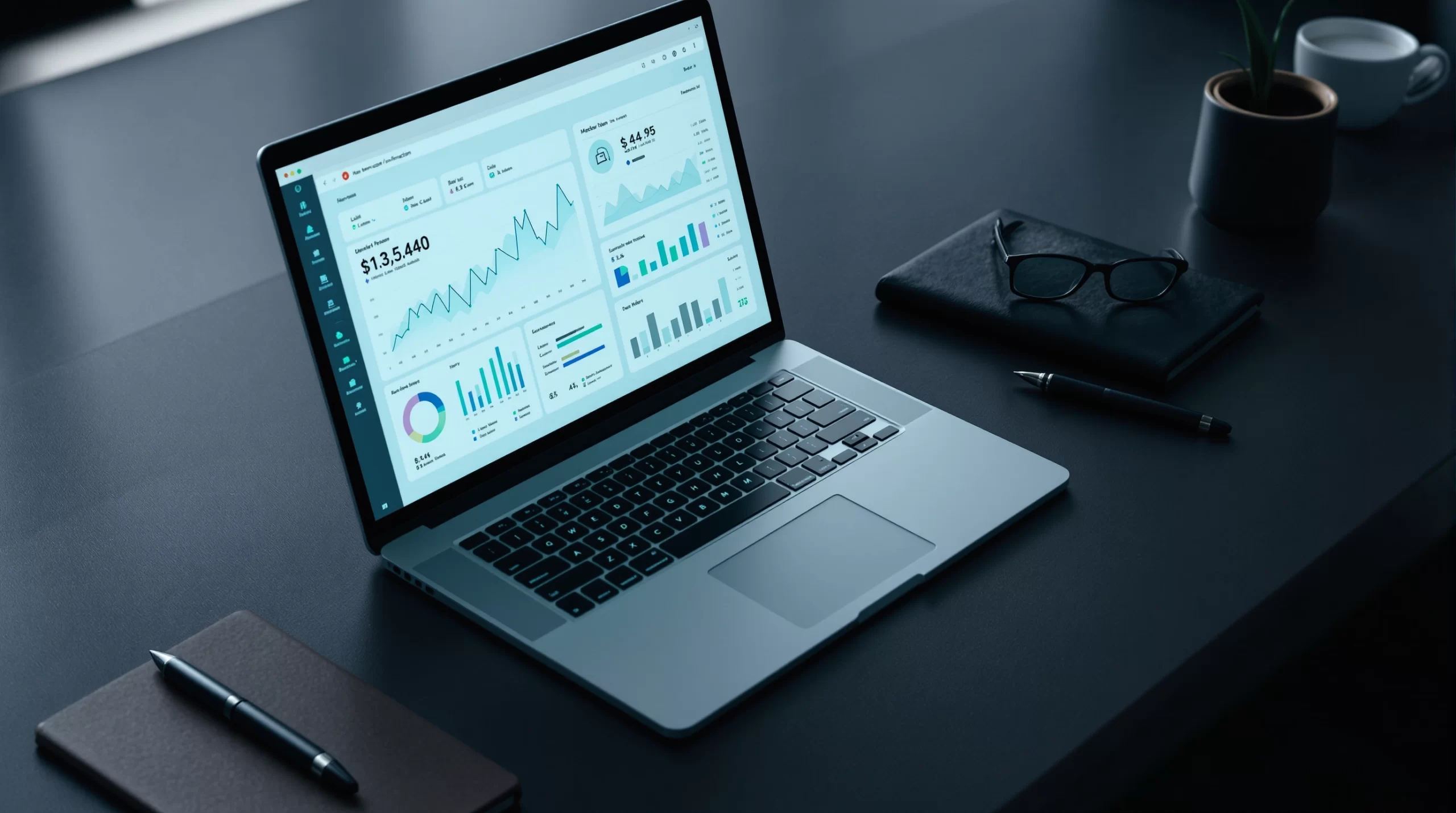 An abstract, professional design in a minimalistic and futuristic style. Features clean lines, muted colours (teal, grey, white), and a 3D isometric perspective. A sharply focused, high-angle close-up on a sophisticated, modern laptop open to a data visualization dashboard. The dashboard features dynamic, interconnected graphs and charts, glowing with subtle blues and greens. Surrounding the laptop are sleek, minimalist office accessories - a high-end pen, a leather notebook - all resting on a dark, polished desk. The lighting is clean, professional, and subtly highlights the technology and the sense of analytical precision. The overall tone is one of control, innovation, and data-driven clarity.